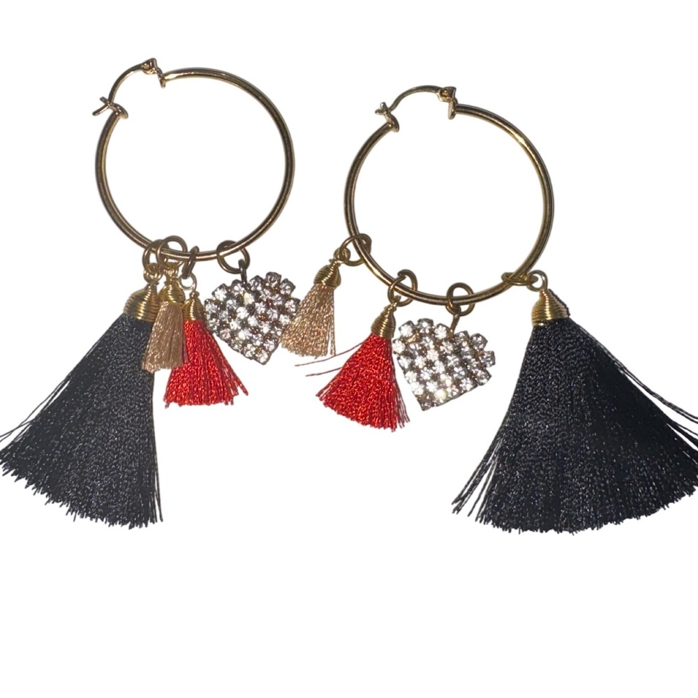 Handmade Gold-Tone Hoop Earrings with Tassels and Rhinestone Charms – Boho Style